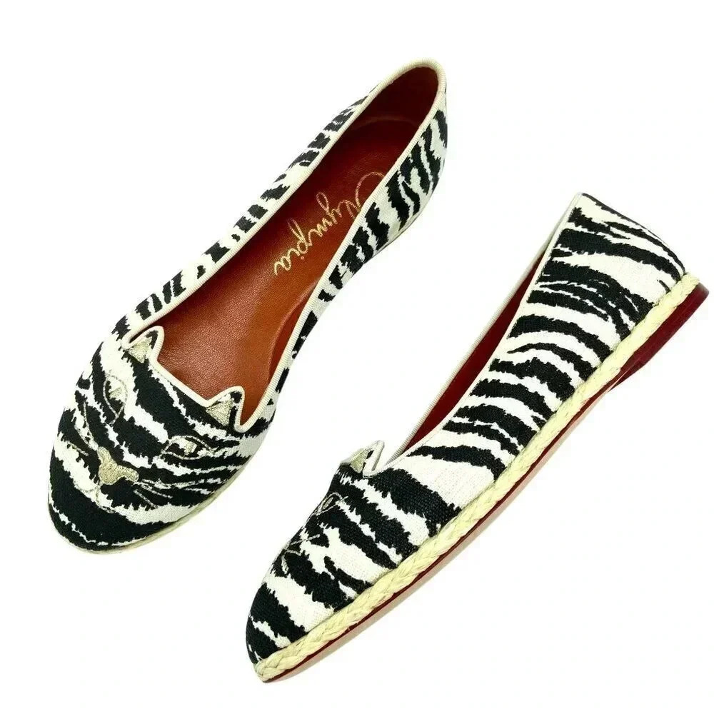 Charlotte Olympia Kitty Cat Capri Zebra Espadrille Flats, EU 37.5 US 7-7.5
